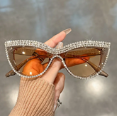 Rhinestone Cat Eye Sunglasses Luxury Bling Amber Brown Champagne Glamour UV400