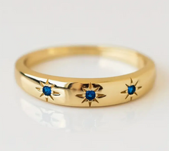 β¨Celestial Star Ring - Thin Gold Band - Sapphire Rhinestone Star Inlayβ¨