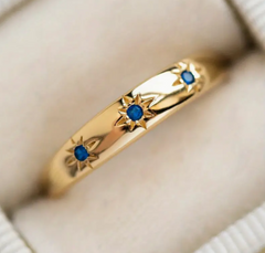 β¨Celestial Star Ring - Thin Gold Band - Sapphire Rhinestone Star Inlayβ¨