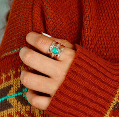 🌿 Boho Turquoise synthetic Teardrop Ring Silver & Gold-Plated 💍 Size 7-10