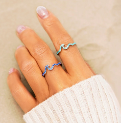 🌊2 PC Sparkling Tide Wave Ring Silver w/ Light Blue & Dark Blue Zirconia 💙