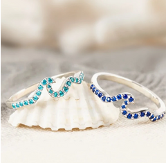 🌊2 PC Sparkling Tide Wave Ring Silver w/ Light Blue & Dark Blue Zirconia 💙