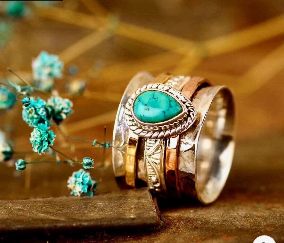 🌿 Boho Turquoise synthetic Teardrop Ring Silver & Gold-Plated 💍 Size 7-10