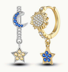 Trendy Celestial Sun Moon Star Drop Dangle Silver Gold CZs Earrings