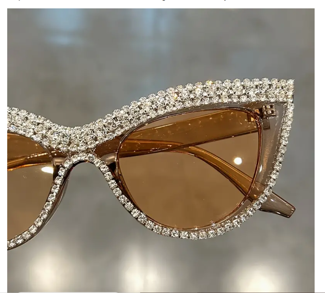 Rhinestone Cat Eye Sunglasses Luxury Bling Amber Brown Champagne Glamour UV400