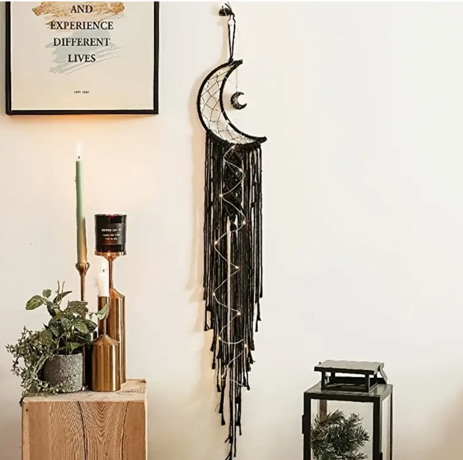 🌙 Black Macrame Moon Dream Catcher Wall Hanging✨🌌