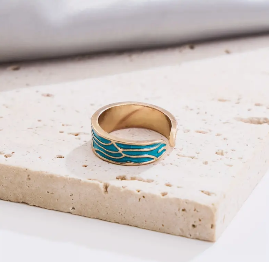 Vintage Adjustable Blue Gold Ocean Wave Open Ring Boho Adjustable