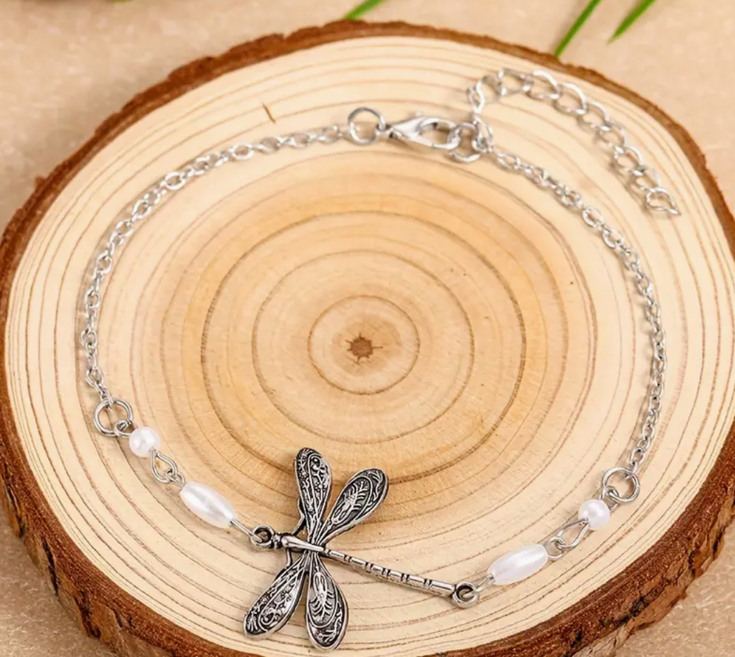 🦋✨ Dragonfly Silver Anklet Bracelet – Boho Beach Pearl Jewelry for Women 🌿🏖️