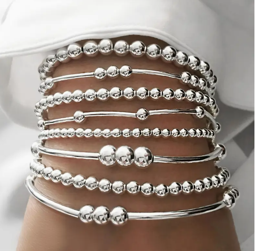 Stretch Bracelet Set Boho Bead Silver Alloy Vintage Jewelry Accessories 8pc