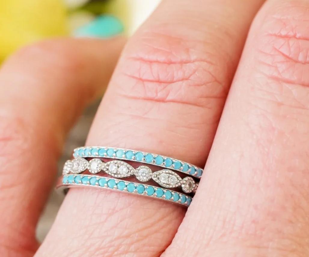 ✨ Trendy Stackable 3-Piece Ring Set – CZ & Vibrant Turquoise Accents ✨