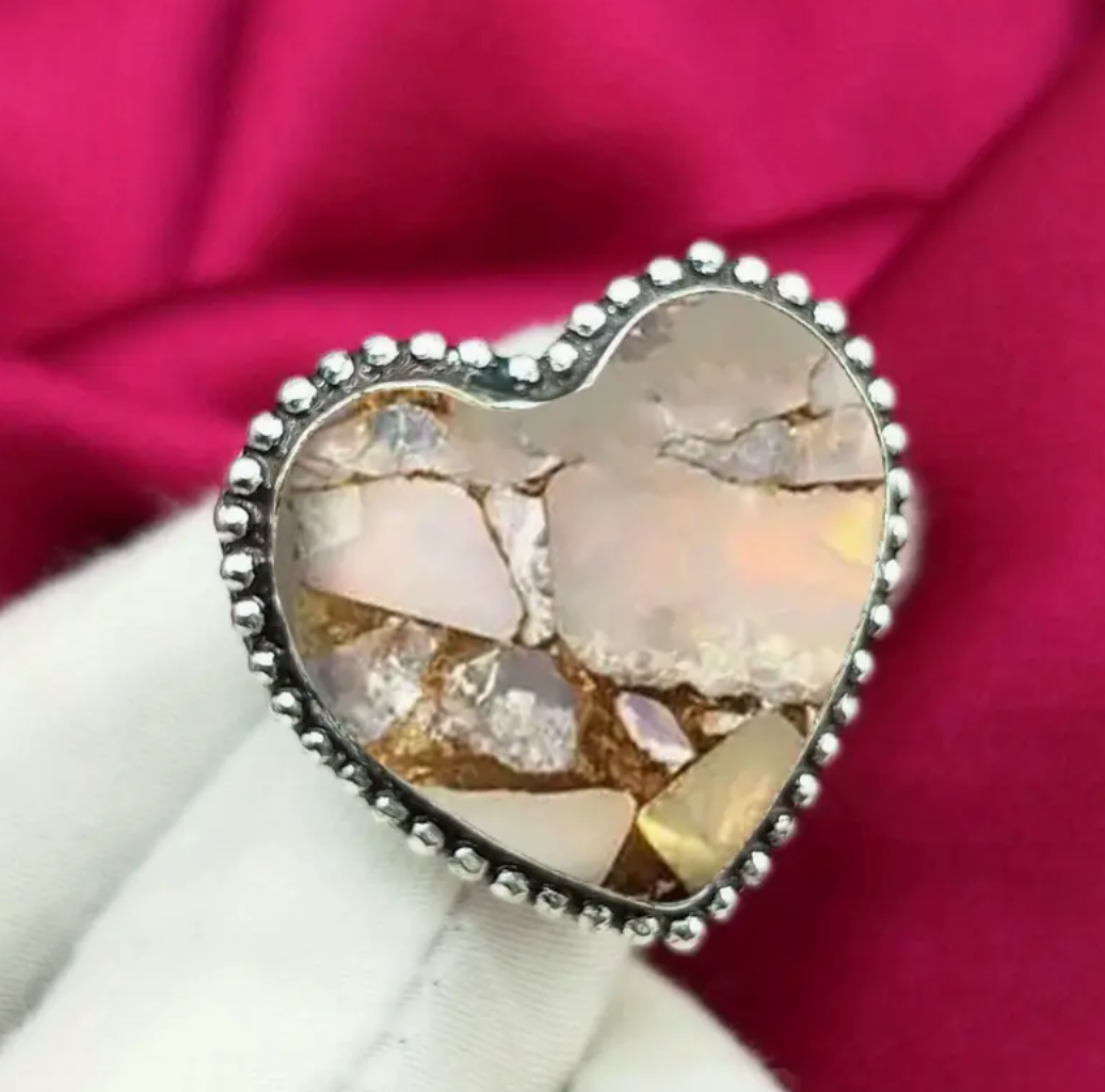 💖 Striking Boho  1/2" Heart Ring – Copper Color Like Opal & Silver-Plated ✨