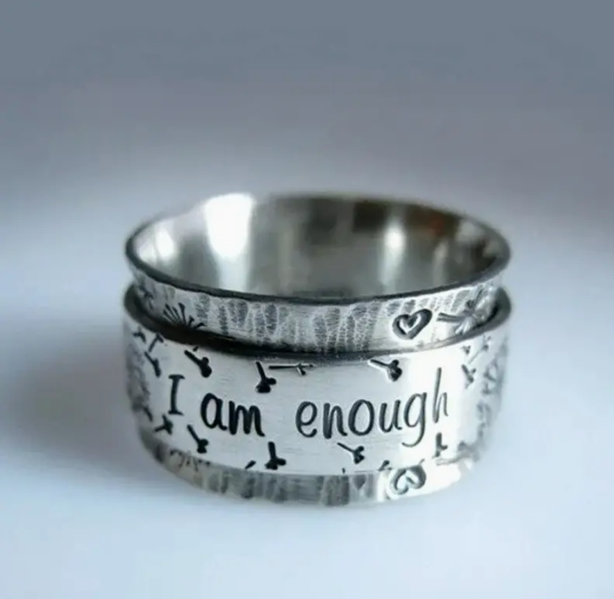 ✨ Boho "I Am Enough" Ring – 925 Silver Plated with Hearts & Flowers 🌸💖