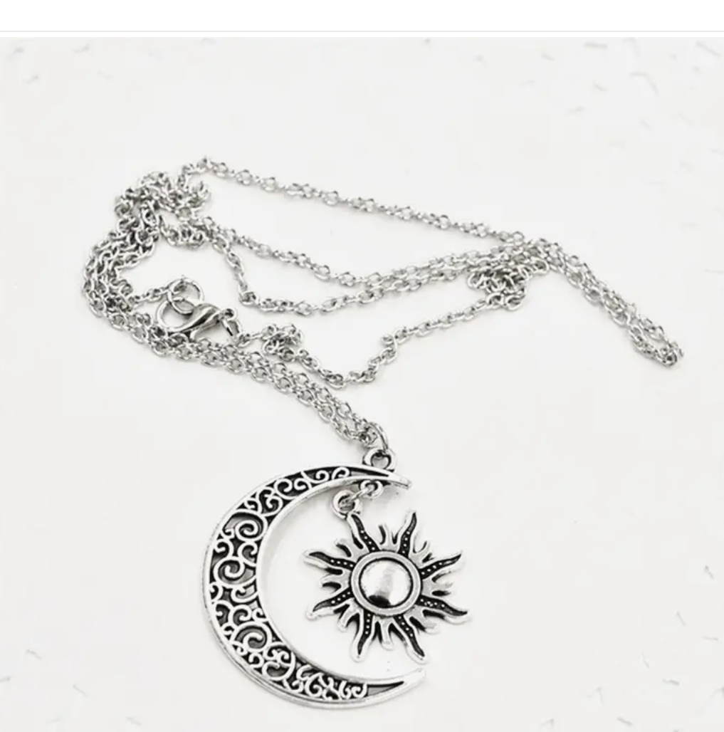 Vintage Crescent Moon Sun Silver Plated Pendant Necklace Celestial