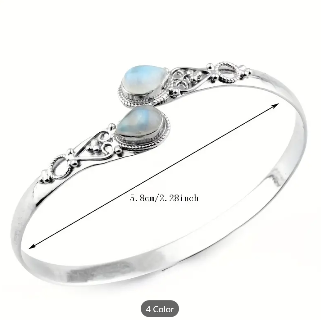 ✨ Trendy Silver Celestial Agate Bangle Bracelet – Retro Adjustable Healing Jewelry 🌙💙