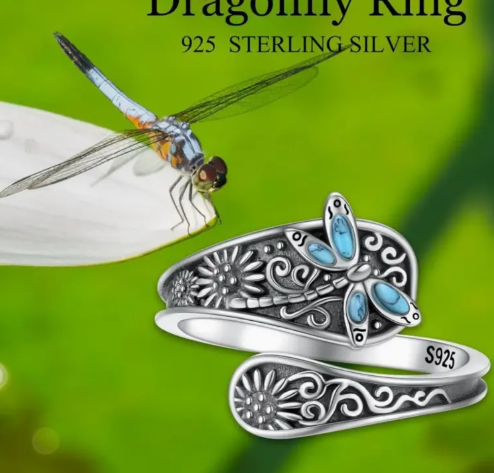 ✨ Trendy Thumb Spoon Ring 🐉🌸 Dragonfly & Floral Wrap 🌸🐉 925S Adjustable