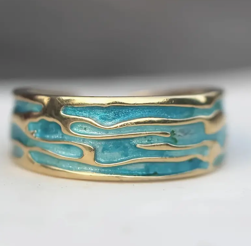 Vintage Adjustable Blue Gold Ocean Wave Open Ring Boho Adjustable