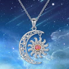 ☀️🌙 Vintage Crescent Moon & Sun Star Pendant Necklace 925S Silver Plated ✨🌌