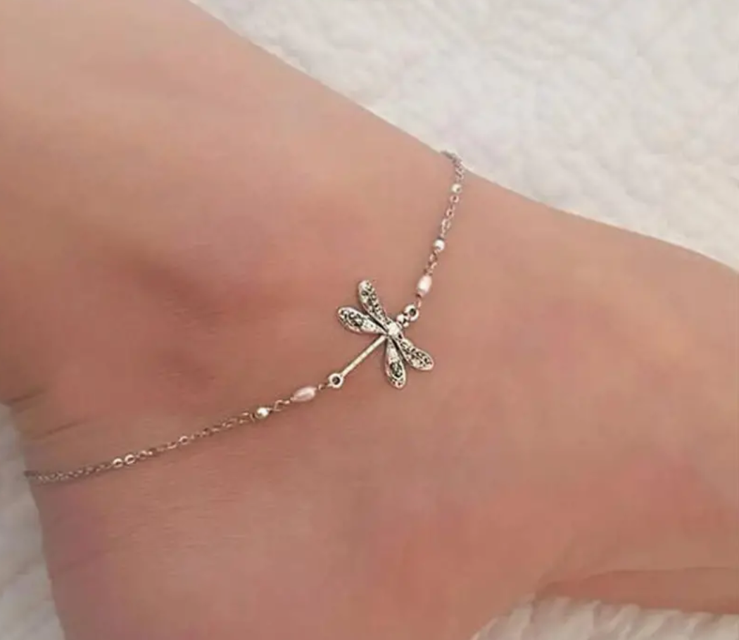 🦋✨ Dragonfly Silver Anklet Bracelet – Boho Beach Pearl Jewelry for Women 🌿🏖️