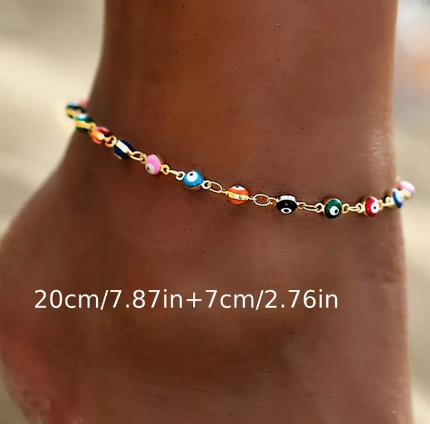 🧿✨ Lucky Evil Eye Beads Anklet Bracelet – 14K Gold Plated Protection Chain 💛👣