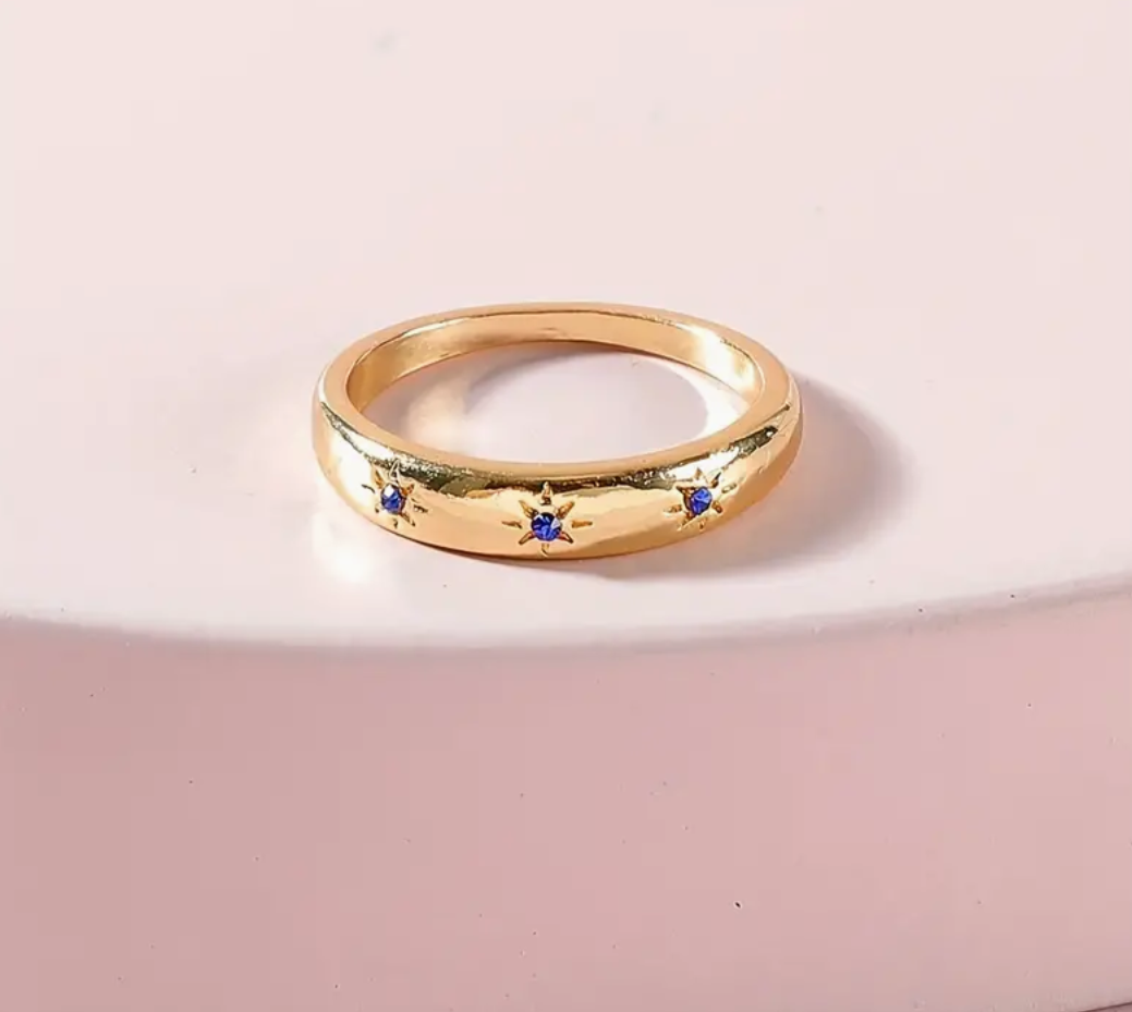 ✨Celestial Star Ring - Thin Gold Band - Sapphire Rhinestone Star Inlay✨