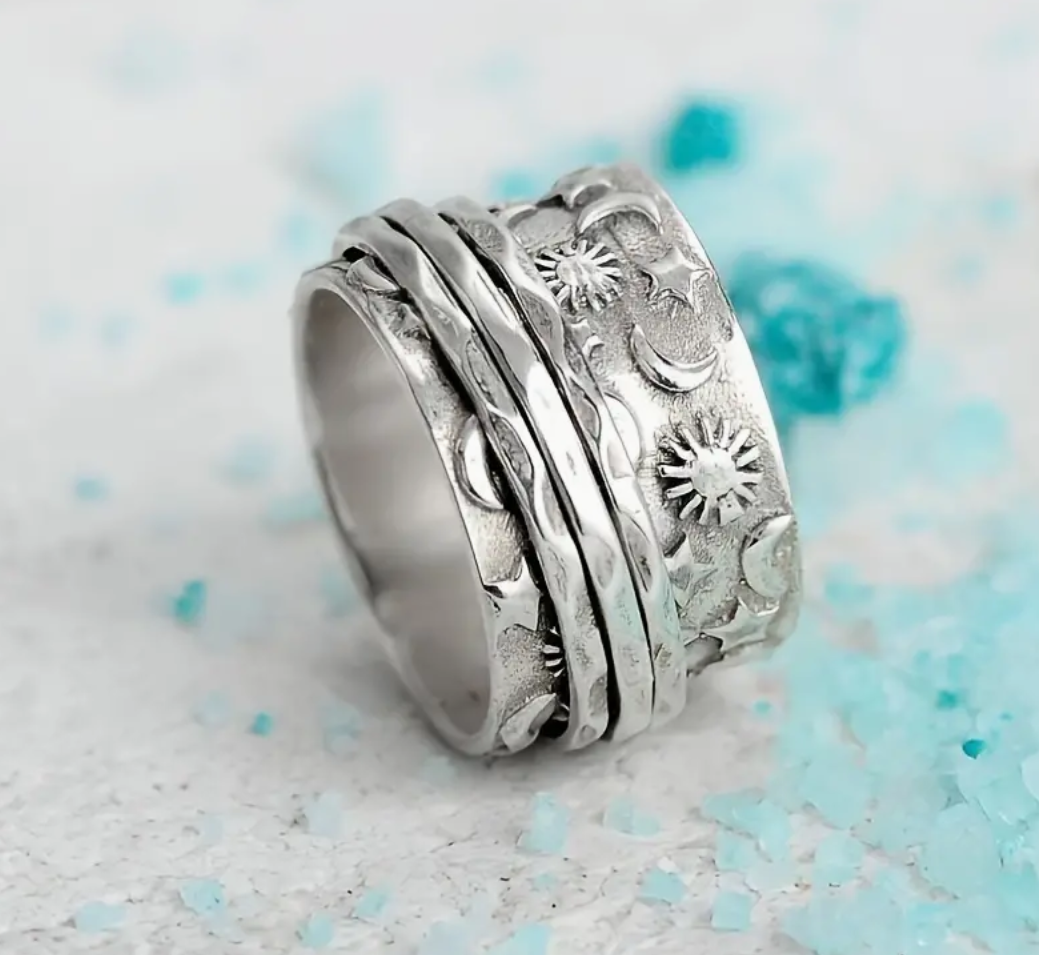 Trendy Silver Fashion Ring Chunky Ring Sun Moon Stars Charms Ring