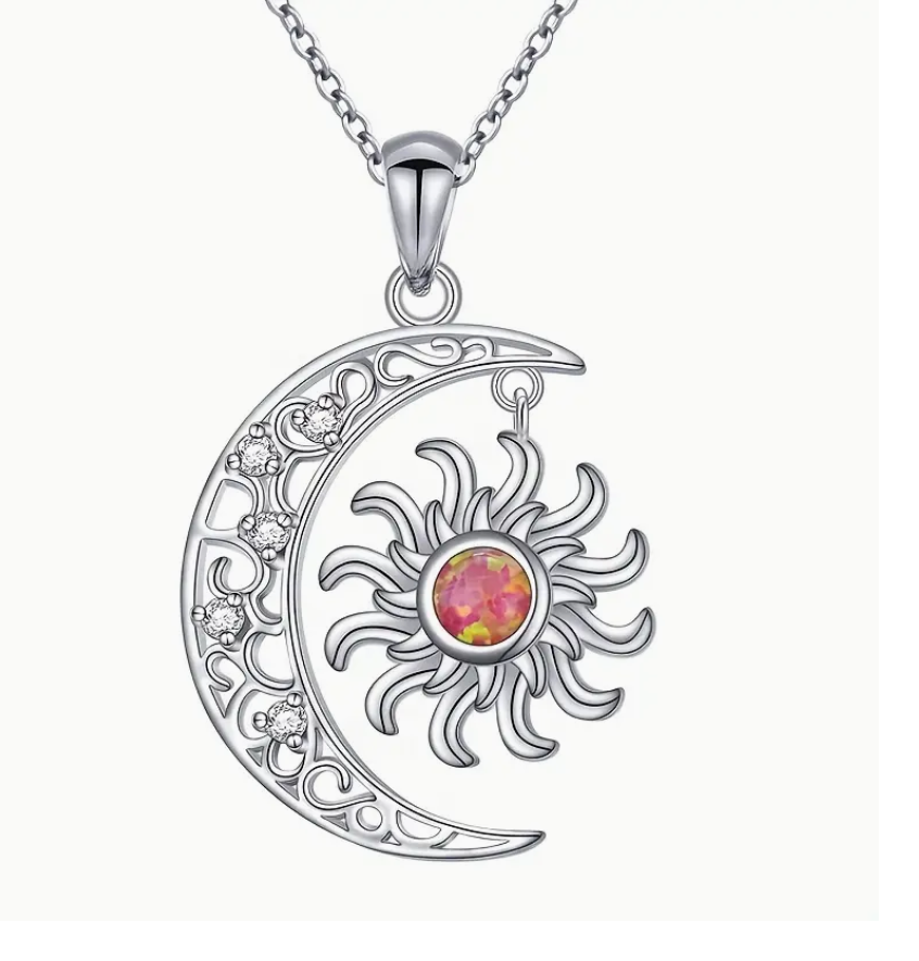 ☀️🌙 Vintage Crescent Moon & Sun Star Pendant Necklace 925S Silver Plated ✨🌌