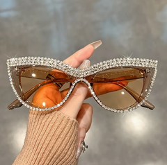 Rhinestone Cat Eye Sunglasses Luxury Bling Amber Brown Champagne Glamour UV400