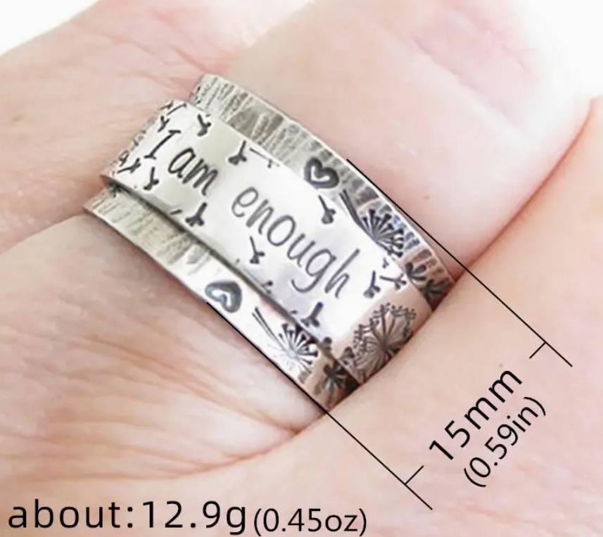 ✨ Boho "I Am Enough" Ring – 925 Silver Plated with Hearts & Flowers 🌸💖