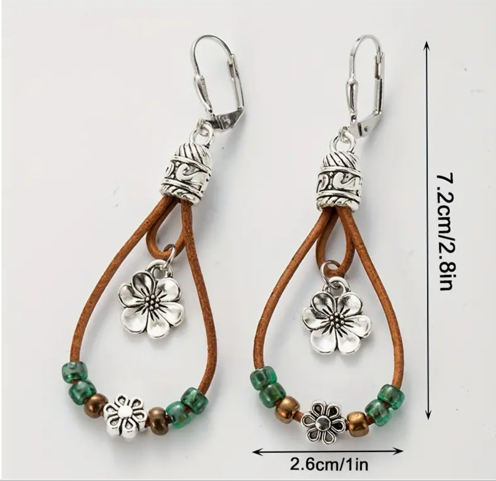 🌸 Boho Leather-Like Rope Flower Drop Earrings – A Touch of Nature & Elegance! ✨