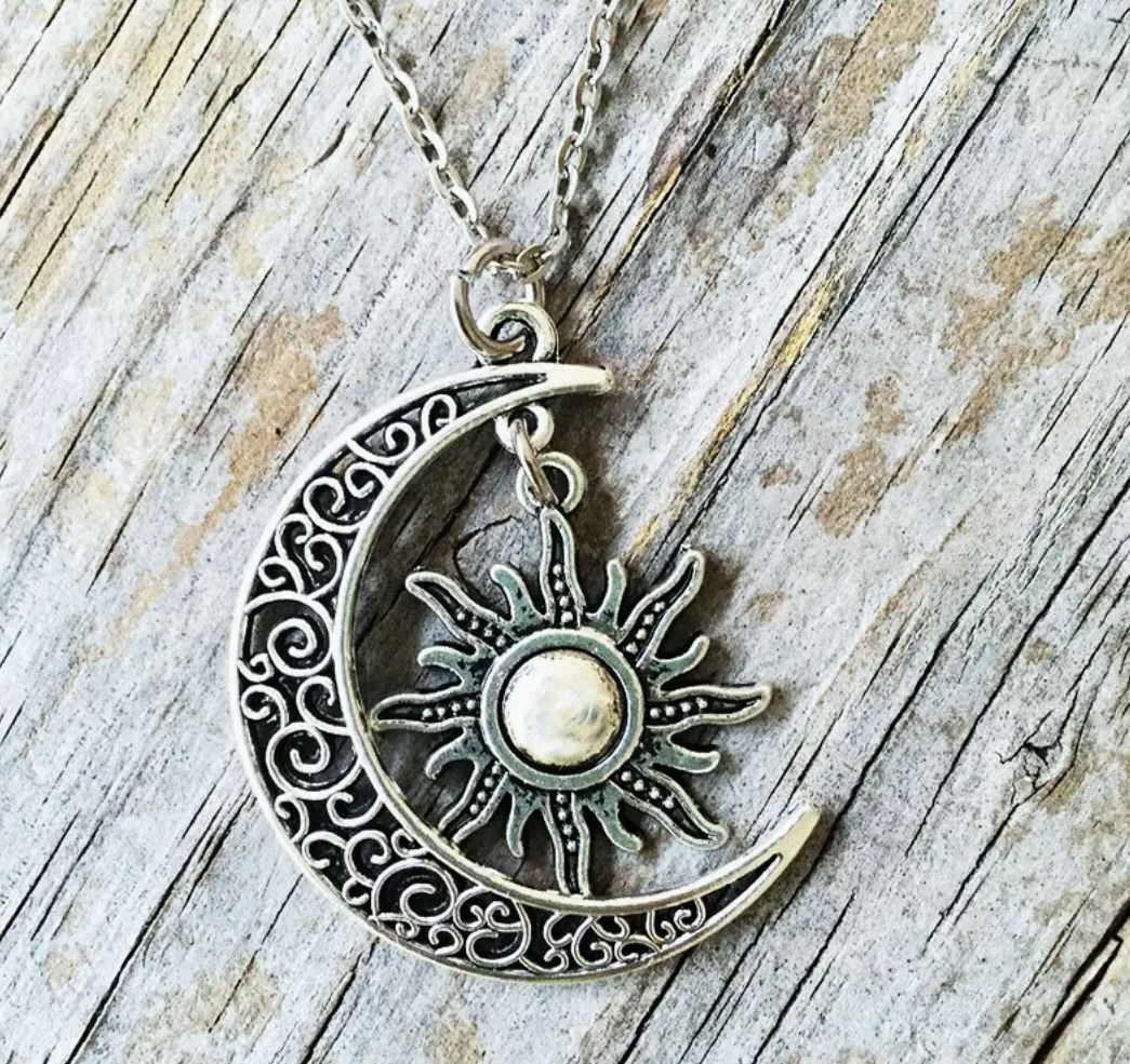 Vintage Crescent Moon Sun Silver Plated Pendant Necklace Celestial