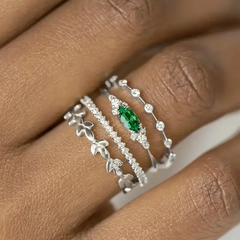 💚 4pcs Elegant Green Zirconia Silver Stacking Rings Emerald Irish St Patrick's Day💍✨