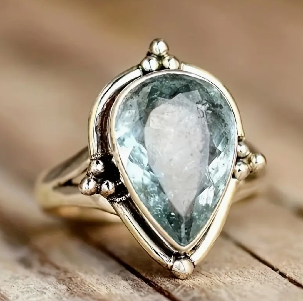 Vintage Inspired Silver Plated Ring Waterish Blue Green Gemstone Water Drop