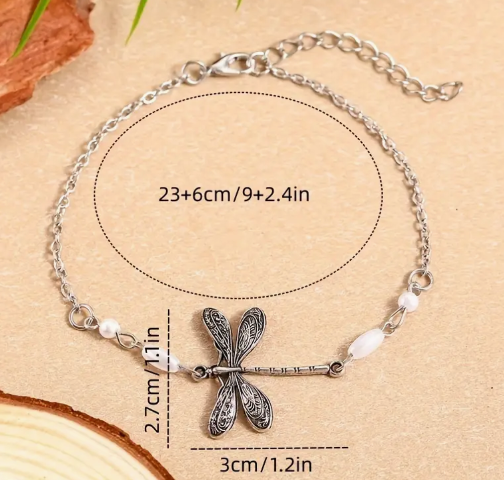 🦋✨ Dragonfly Silver Anklet Bracelet – Boho Beach Pearl Jewelry for Women 🌿🏖️