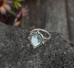 Vintage Inspired Silver Plated Ring Waterish Blue Green Gemstone Water Drop