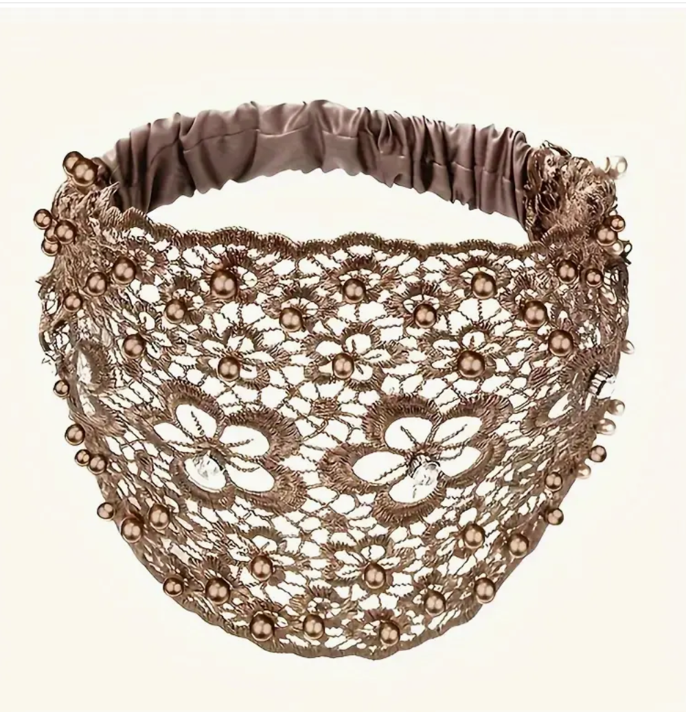 👑 Elegant Hollowed Lace Headband – Pearl &amp; Rhinestone Hair Accessory 👑