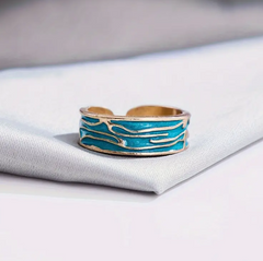 Vintage Adjustable Blue Gold Ocean Wave Open Ring Boho Adjustable