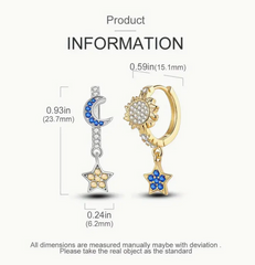 Trendy Celestial Sun Moon Star Drop Dangle Silver Gold CZs Earrings