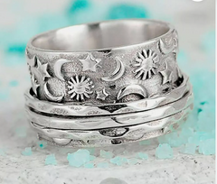 Trendy Silver Fashion Ring Chunky Ring Sun Moon Stars Charms Ring