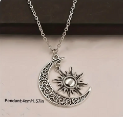 Vintage Crescent Moon Sun Silver Plated Pendant Necklace Celestial