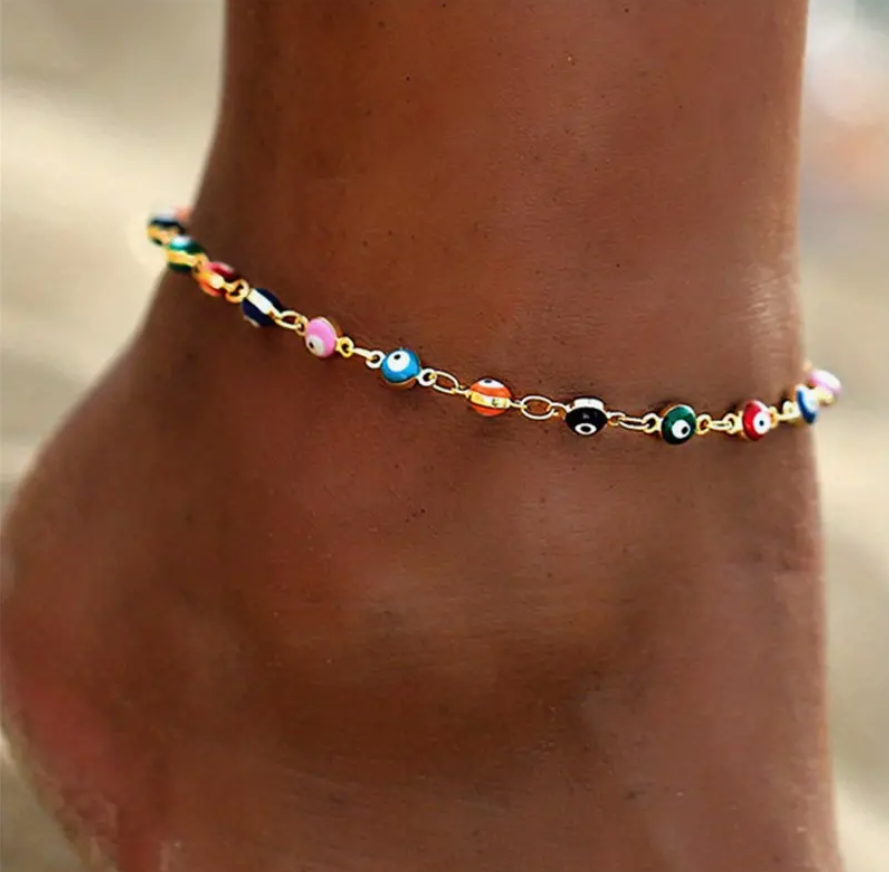 🧿✨ Lucky Evil Eye Beads Anklet Bracelet – 14K Gold Plated Protection Chain 💛👣