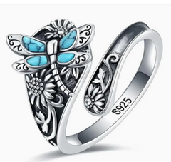 ✨ Trendy Thumb Spoon Ring 🐉🌸 Dragonfly & Floral Wrap 🌸🐉 925S Adjustable