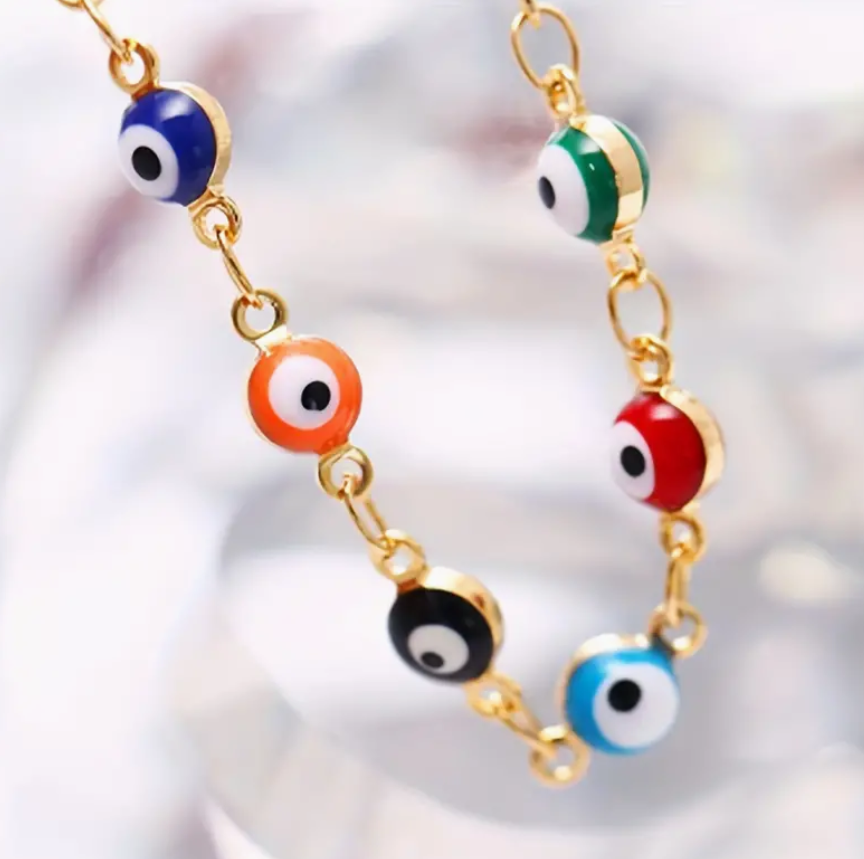 🧿✨ Lucky Evil Eye Beads Anklet Bracelet – 14K Gold Plated Protection Chain 💛👣