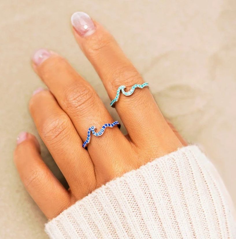 🌊2 PC Sparkling Tide Wave Ring  Silver w/ Light Blue & Dark Blue Zirconia 💙