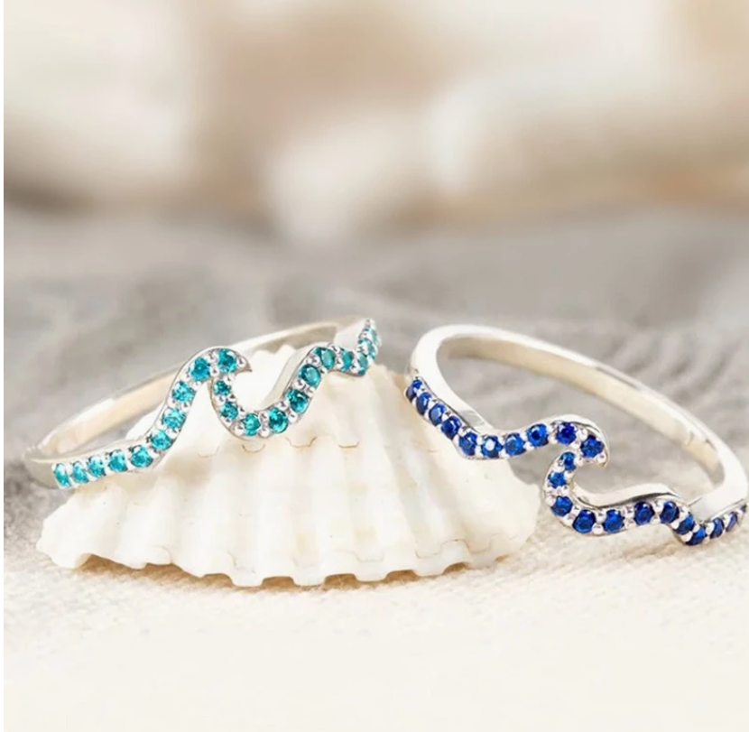 🌊2 PC Sparkling Tide Wave Ring  Silver w/ Light Blue & Dark Blue Zirconia 💙