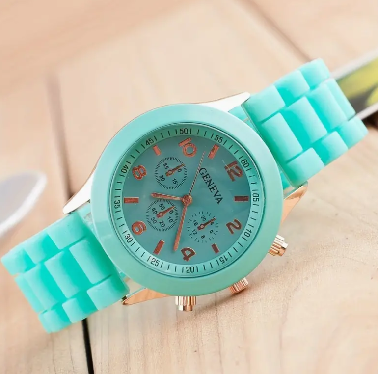 Trendy Geneva Wrist Watch Dial Round Gold Tone Case Silicone Band Kids Adults