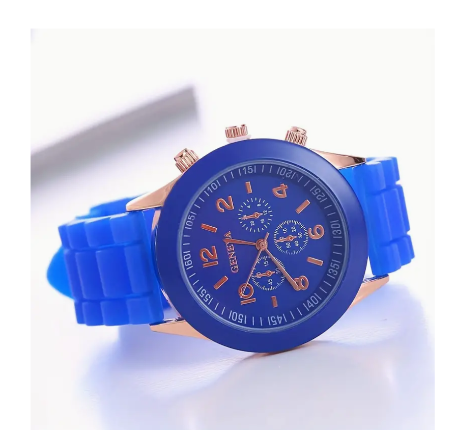 Trendy Geneva Wrist Watch Dial Round Gold Tone Case Silicone Band Kids Adults