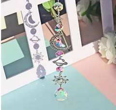 Enchanting Glass Crystal Moon & Sun Catcher Wind Chime w/Diamond Prism Pendant