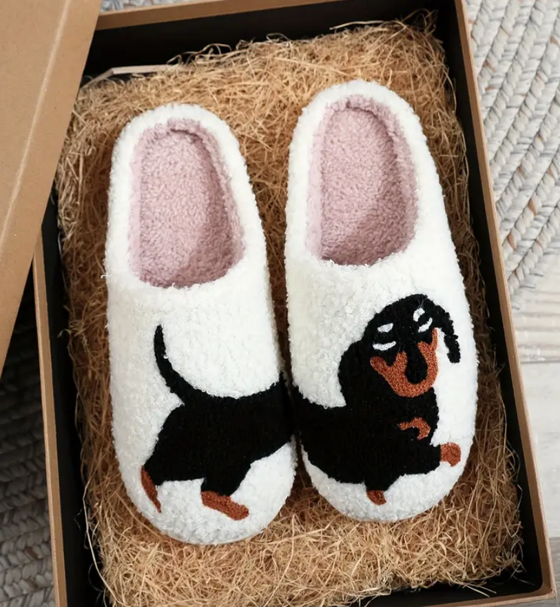 Cute Dachshund Wiener Dog Cushioned Plush Fleece House Slippers Shoes Sz 7.5-8