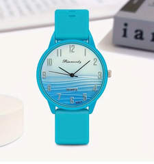 Wavy Gradient Dial Quartz Wrist Watch Casual Turquoise Color Analog Silicone