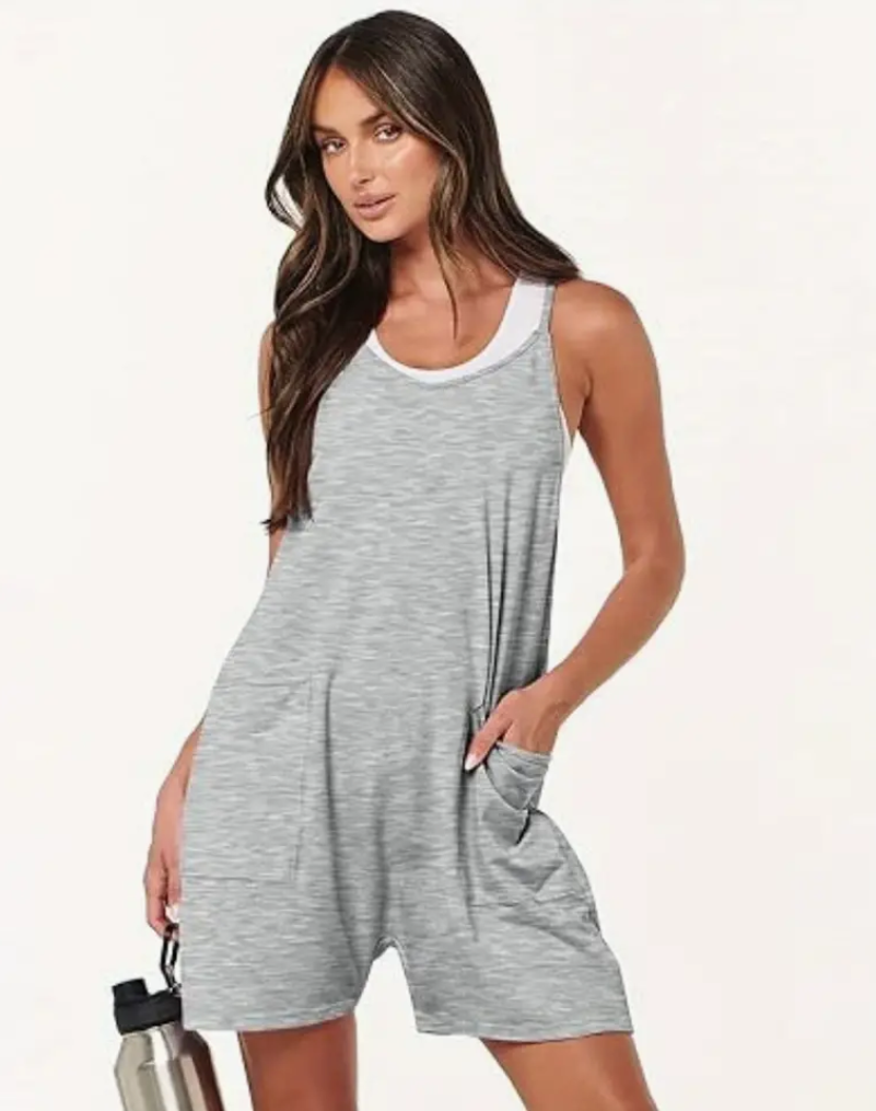 Women Baggy Pocket Jumpsuit Romper Bib Shorts Casual Harem BLK or GRAY in M